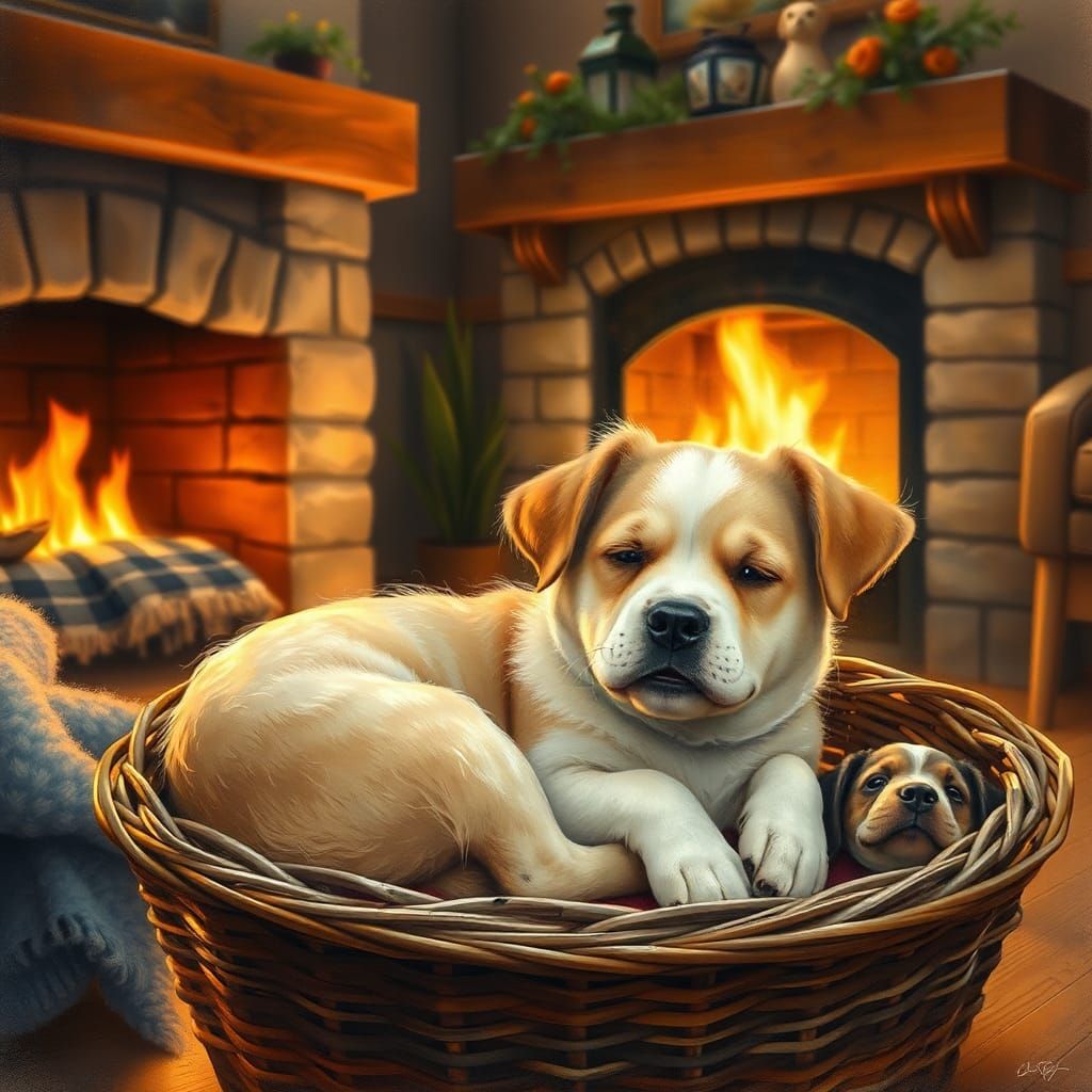 Cozy Dog in Basket by Fireplace: Watercolor Painting
