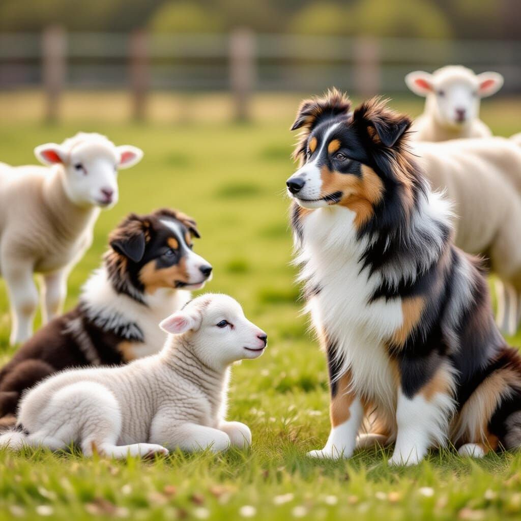 Collie Puppy Watches Parents Herding Lambs in Bright Colors