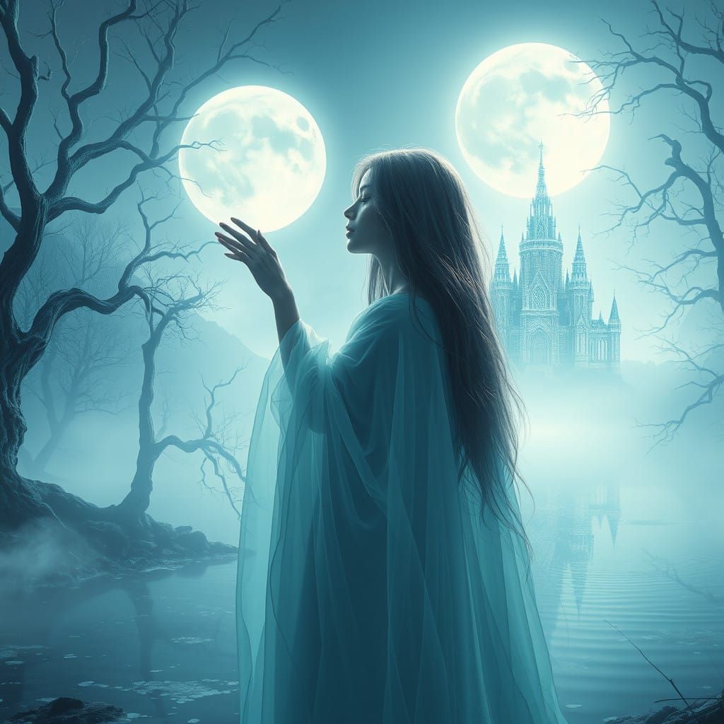 Dreamy Moonlit Goddess Amidst Enchanted Landscape