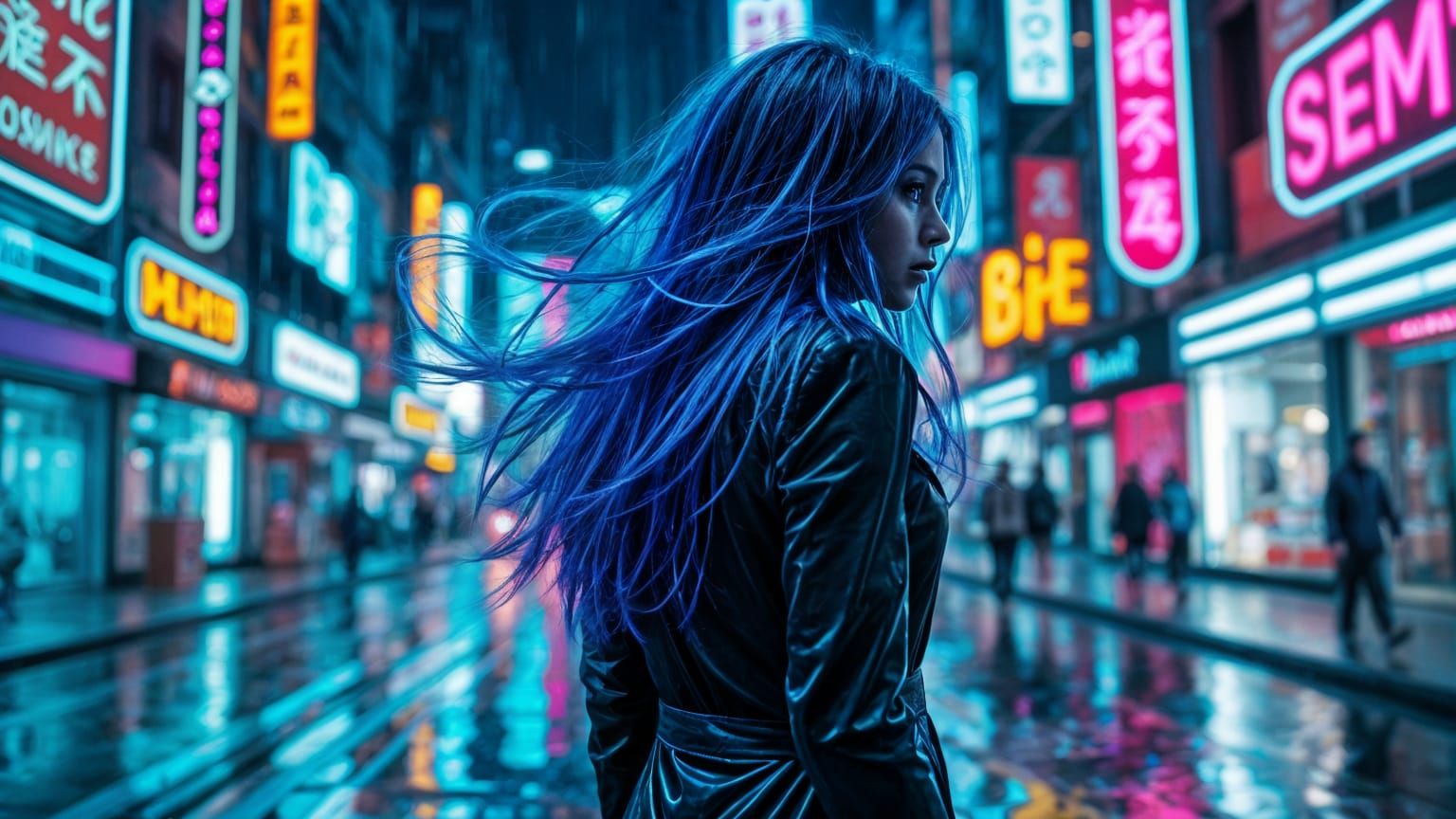Woman with Glowing Blue Hair in Futuristic Rainy Cityscape
