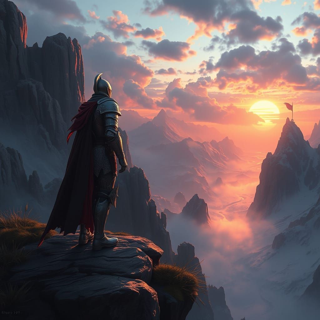 Knight on Cliff Overlooking Fantasy Landscape