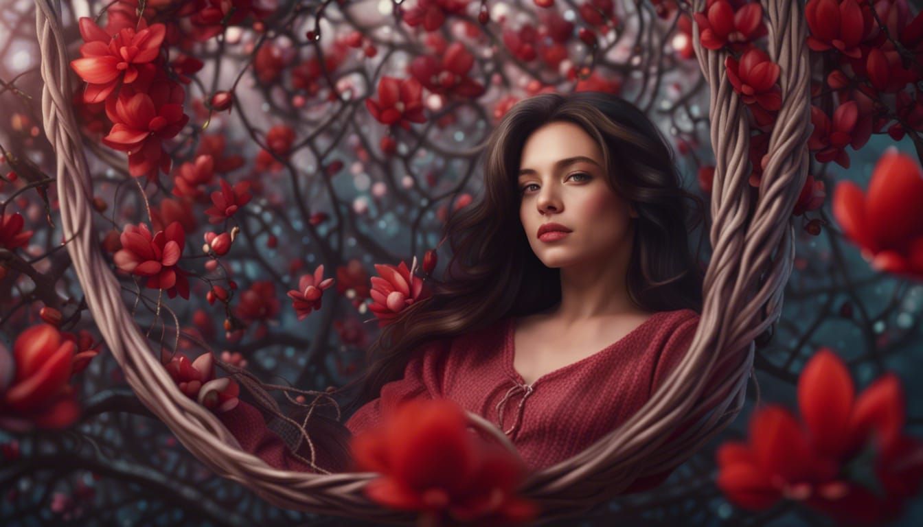 Girl in Flower Swing Under Magnolia Tree