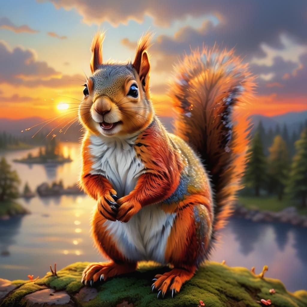 Happy Squirrel at Sunset in Ethereal Style