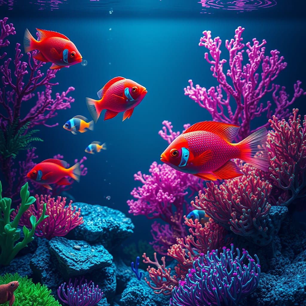Surrealistic Aquatic Wonderland with Glowing Fish and Lush C...