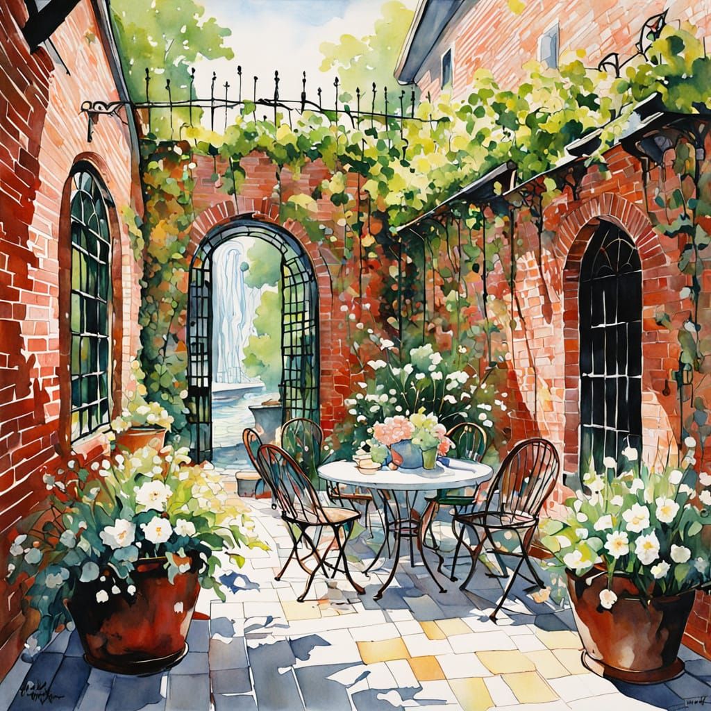 Elegant Courtyard Oasis in Hyperdetailed Realism