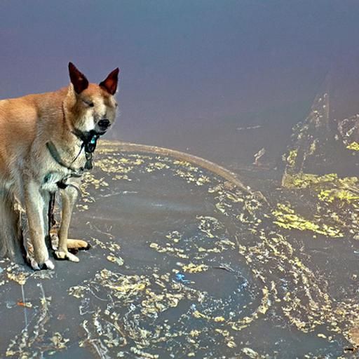 A lone dingo stands at the confluence of two small waters