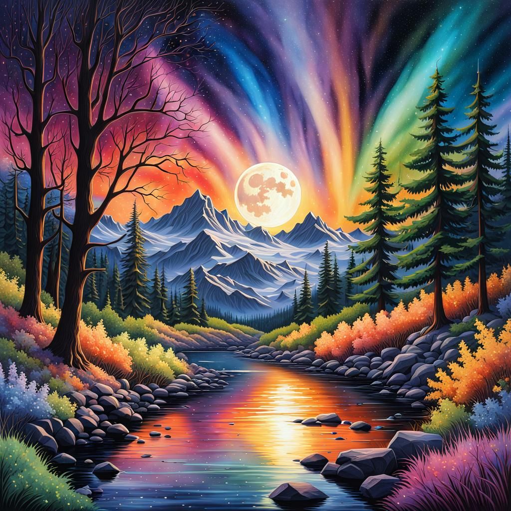 Watercolor Forest Landscape with Celestial Elements