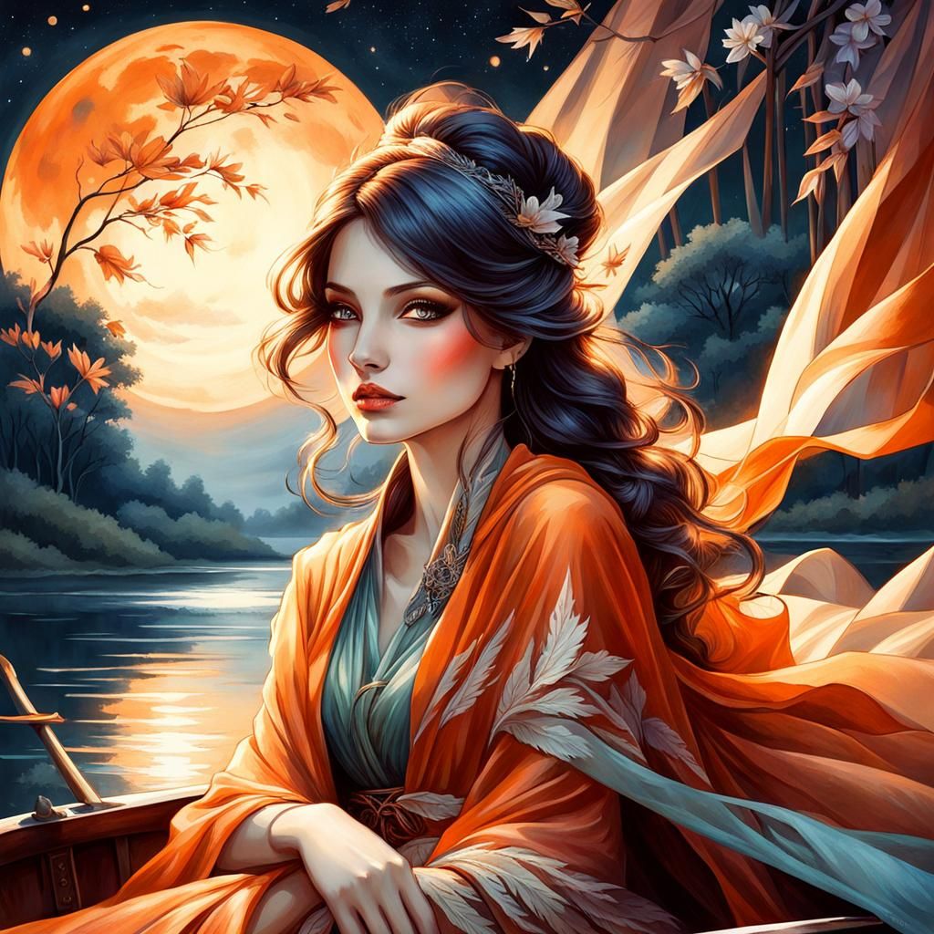 Woman on Boat in Moonlit Riverscape