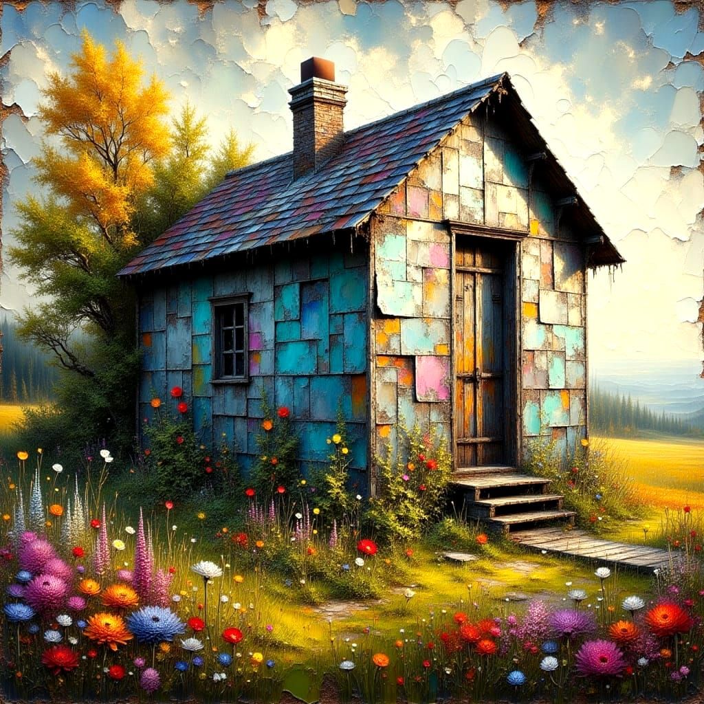 Rustic Countryside Hut in Vibrant Metallic Colors