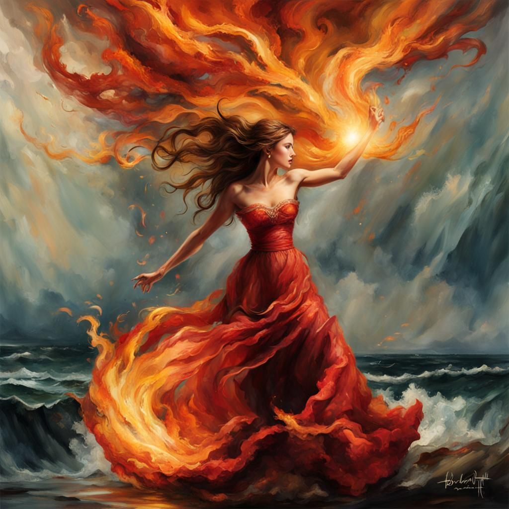 She stood, blazing, before the ocean...