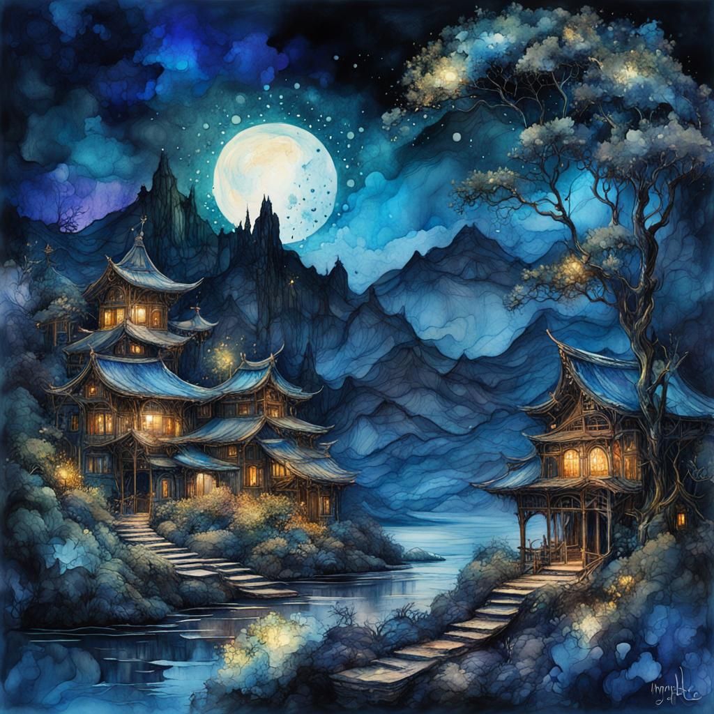 Blue Night Landscape in Digital Watercolor Style