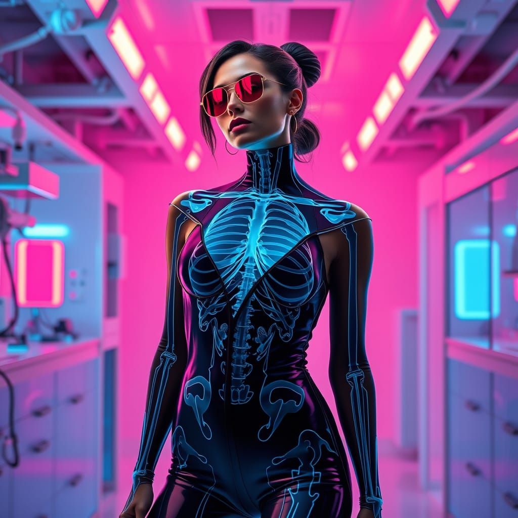 Futuristic Neon X-Ray Woman in Sleek Jumpsuit