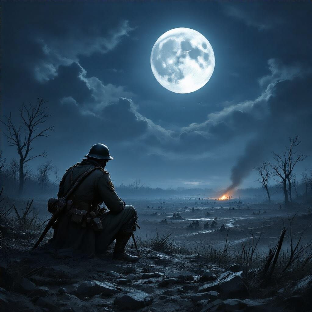 Private Ponders War on Moonlit Battlefield