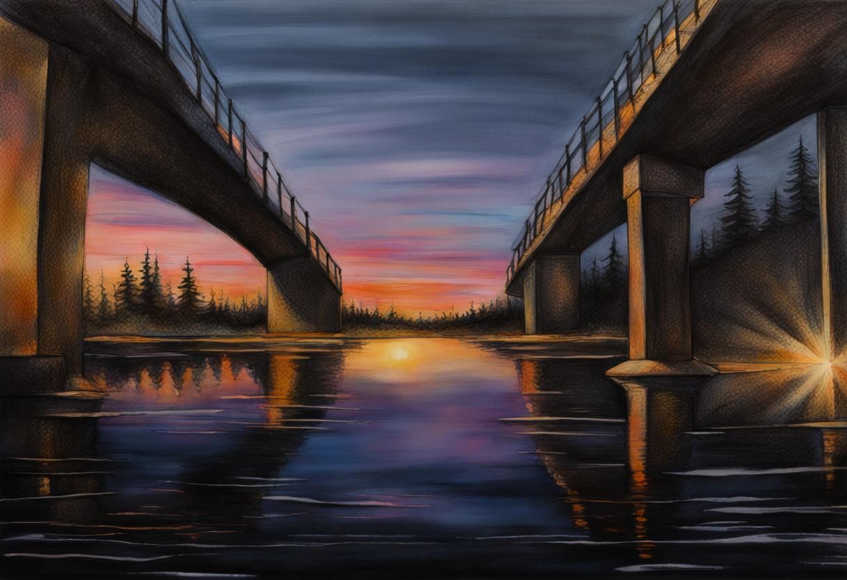 Iridescent Twilight Ink Drawing of Two Bridges
