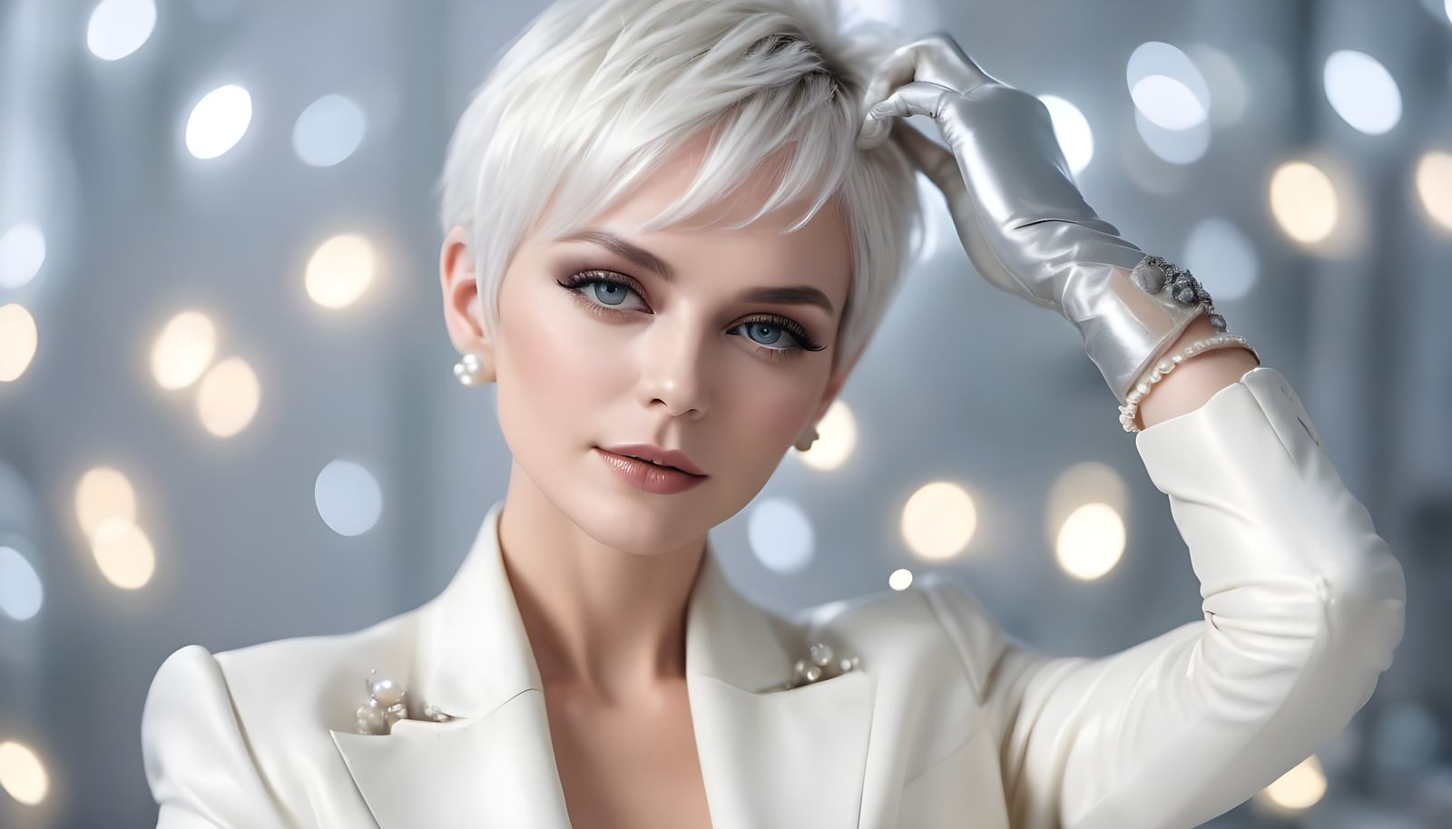 Elegant Woman with Iridescent Eyes in High Fashion