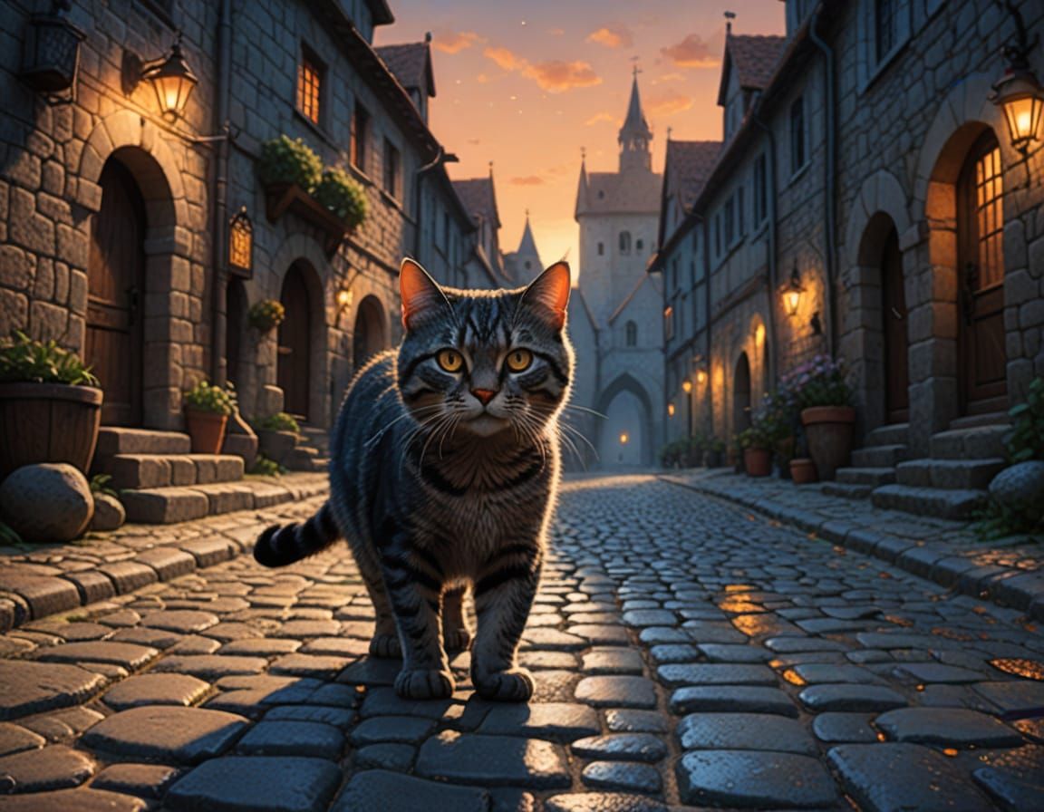 Medieval Cat Amidst Warm Evening Glow