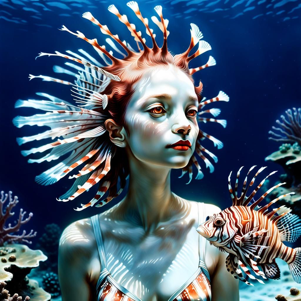 Lionfish Lady in Lunar Light, Lyrical Lithograph