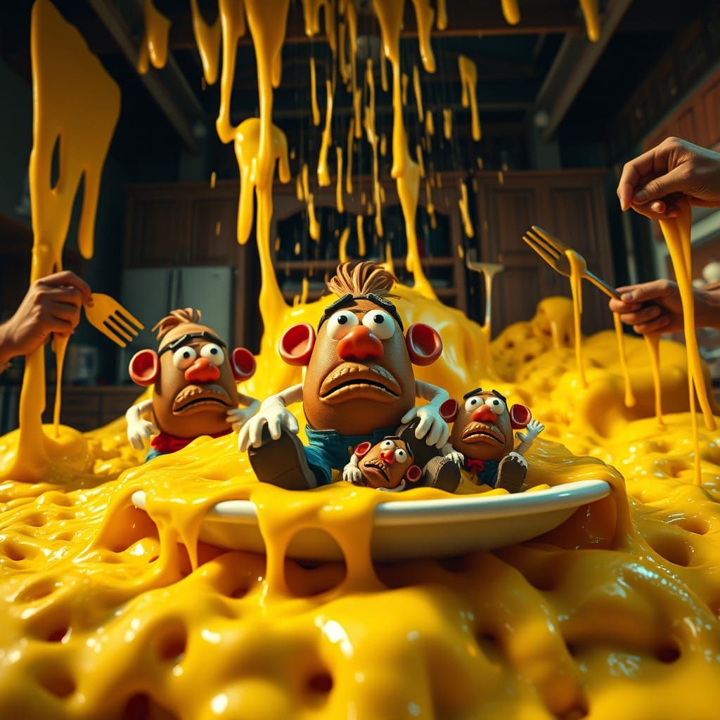 Traumatized Mr. Potato Head Family Drowning in Golden Cheese...