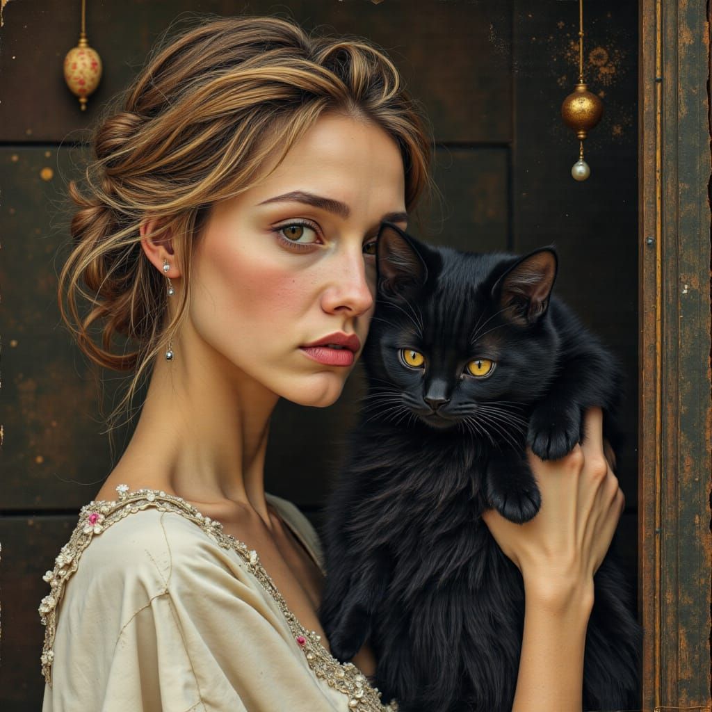 Beautiful Woman Holding a Black Kitten