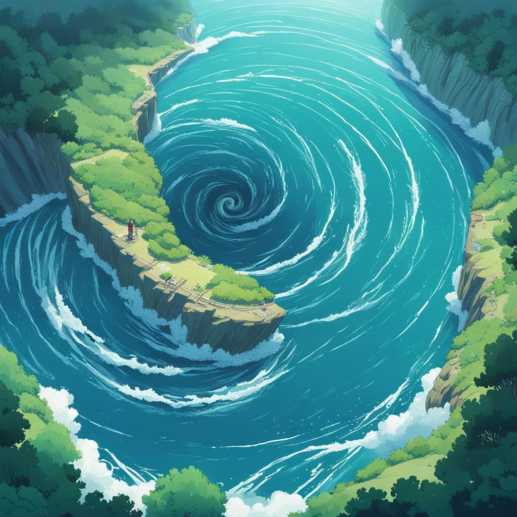 Anime Whirlpool Ocean Art in Studio Ghibli Style