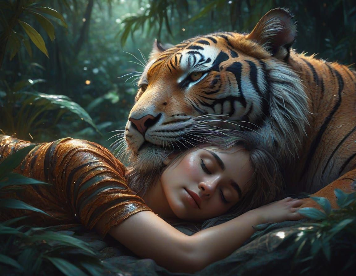 Fantastical Tiger Girl in Iridescent Jungle Dreamscape