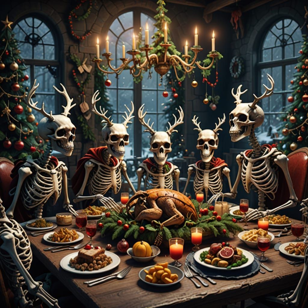 SKeletons of Forest animals having Christmas Dinner together