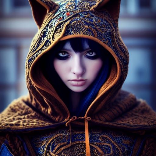 Happy Hooded CatGirl in HyperDetailed Digital Illustration