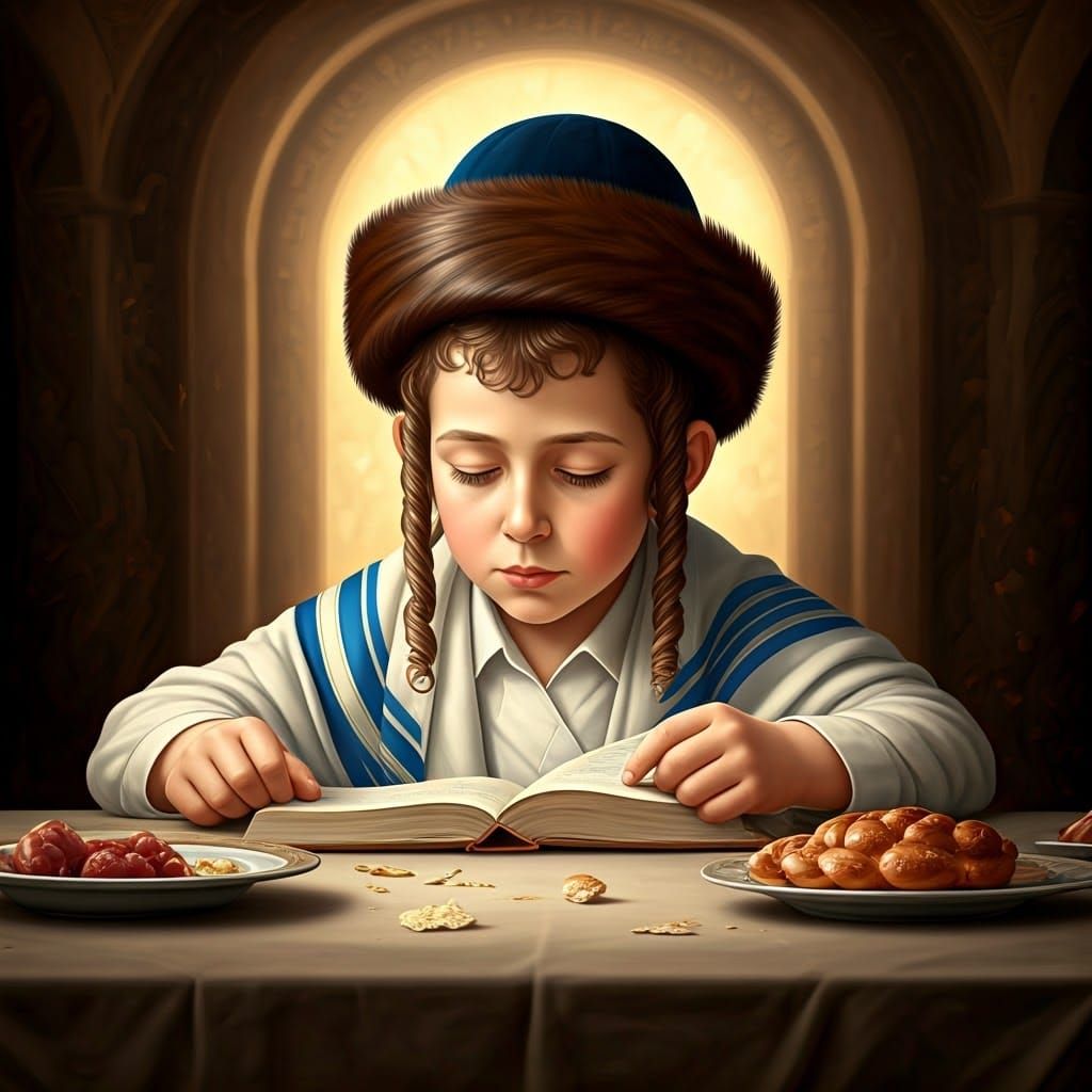 Orthodox Hasidic Boy Blesses Food in a Dreamlike Temple Sett...