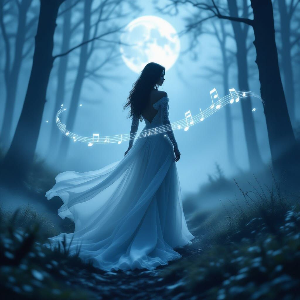 Ethereal Woman in Moonlit Misty Forest