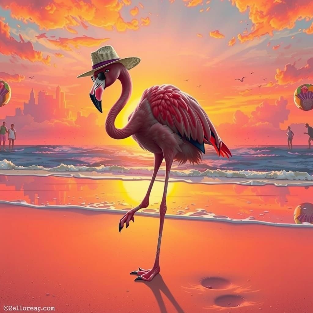 Vibrant Flamingo Dances Amidst Beachside Wonder in Sunset Hu...