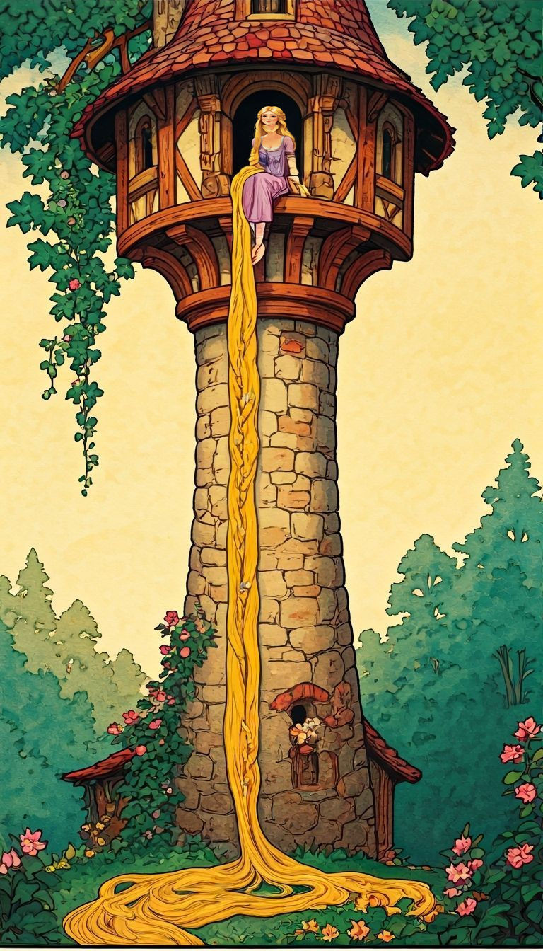Rapunzel in Tower Window, 1920s Illustration