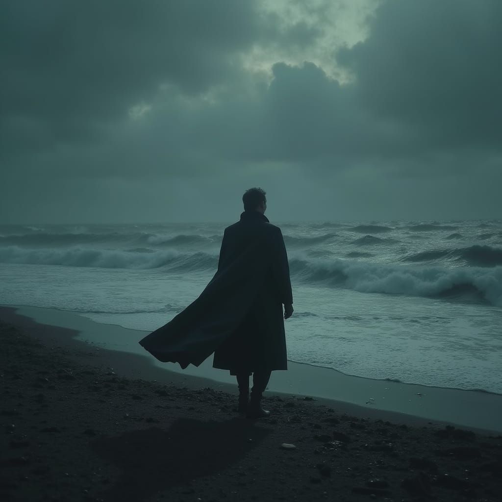 Lone Figure Gazing at Stormy Sea in Dystopian Style