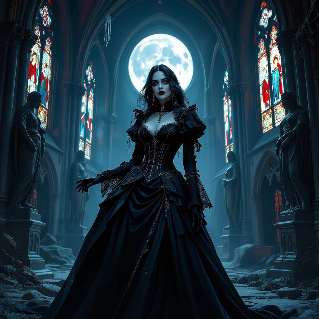 Gothic Vampire in Abandoned Cathedral: Matte Painting