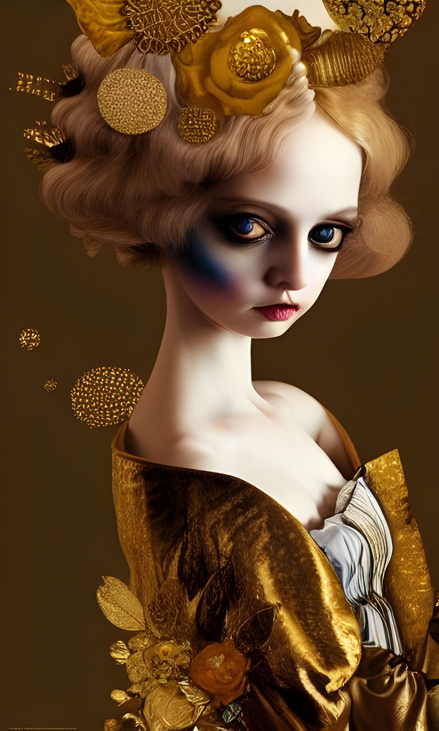 Porcelain Doll in Gold Dress: Surreal Baroque Art