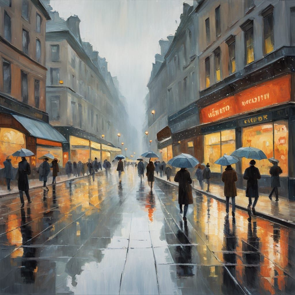 Impressionist Rainy Street Scene Captures Whimsy and Nostalg...