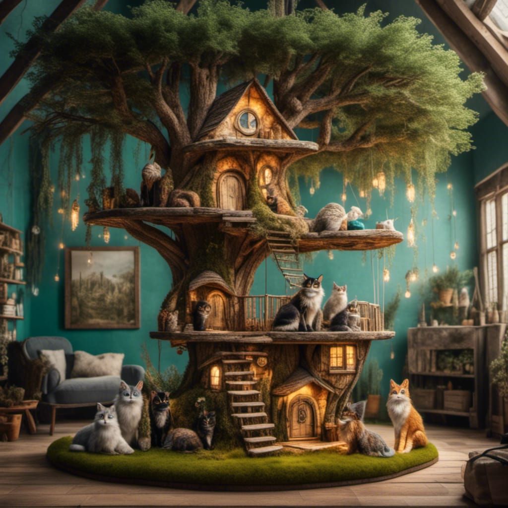 Fairy Cottage Cat Tree: Photorealistic Living Room