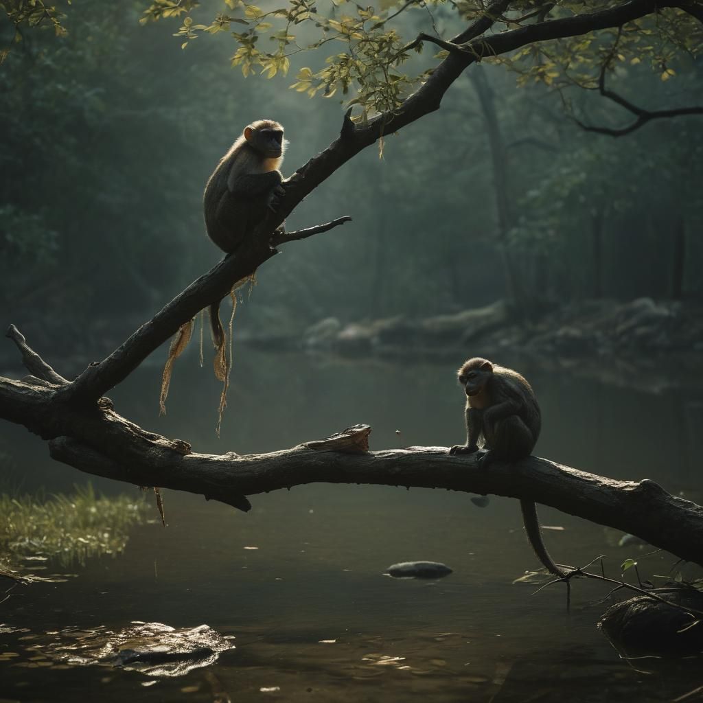 Monkey and Crocodile in German Forest, Cinematic Digital Art