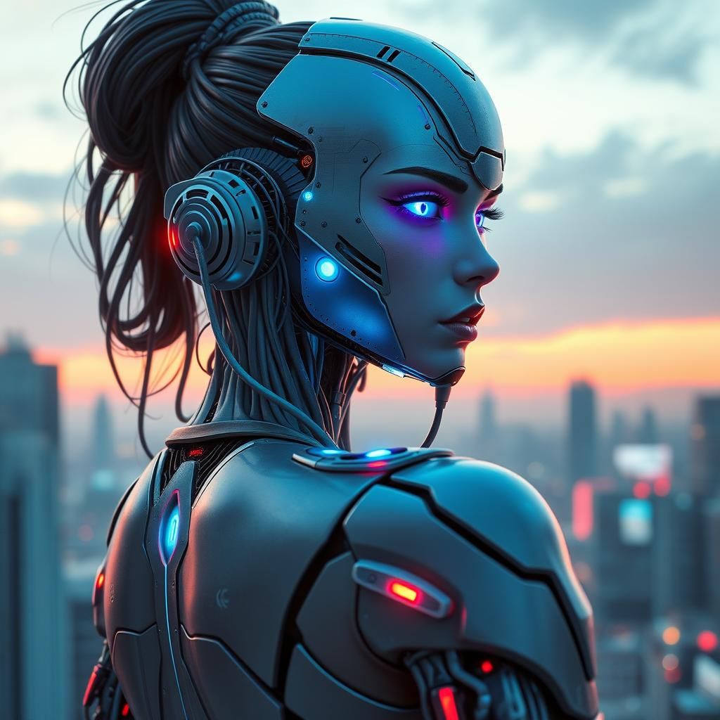 Cyborg Woman in Futuristic Cityscape, Anime Sci-Fi Style
