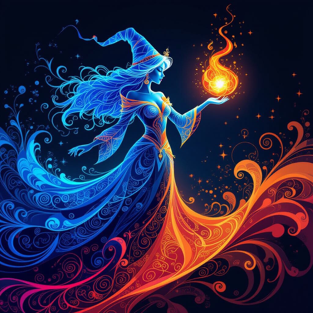 Sorceress of Electric Blues and Fiery Oranges in Fractal Sty...