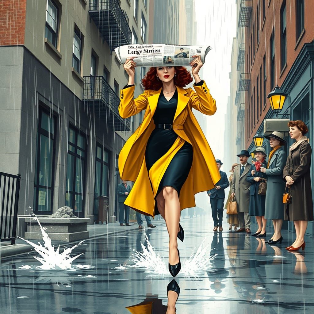 Glamorous Woman Runs in the Rain on a New York City Street i...