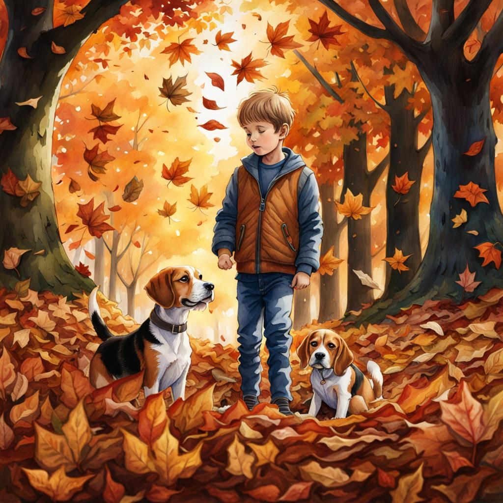 Boy and Beagle in Autumn Leaves, Watercolour Art