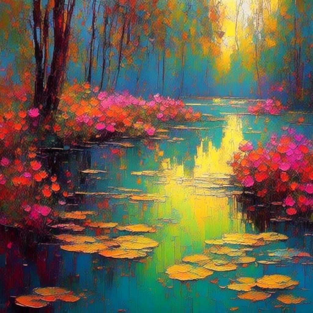 Impasto Landscape with Water Lilies and Blossoms
