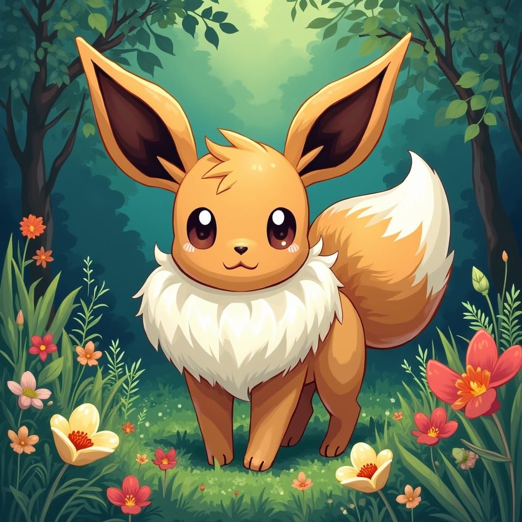 Fluffy Eevee in a Takashi Murakami Style Forest