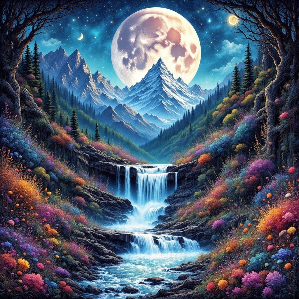 Hyperrealistic Waterfall with Astral Patterns and Textures