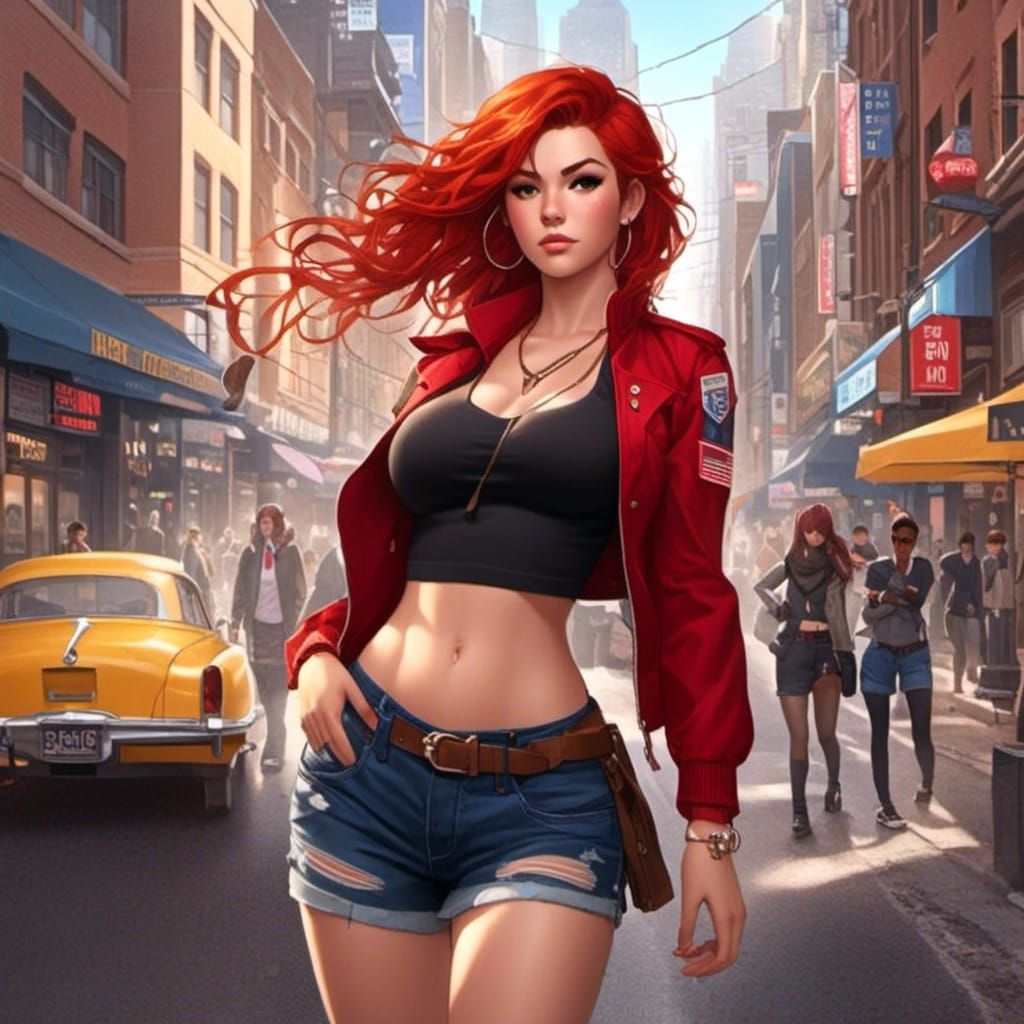 Muscular Tomboy in Cityscape: Detailed Digital Art