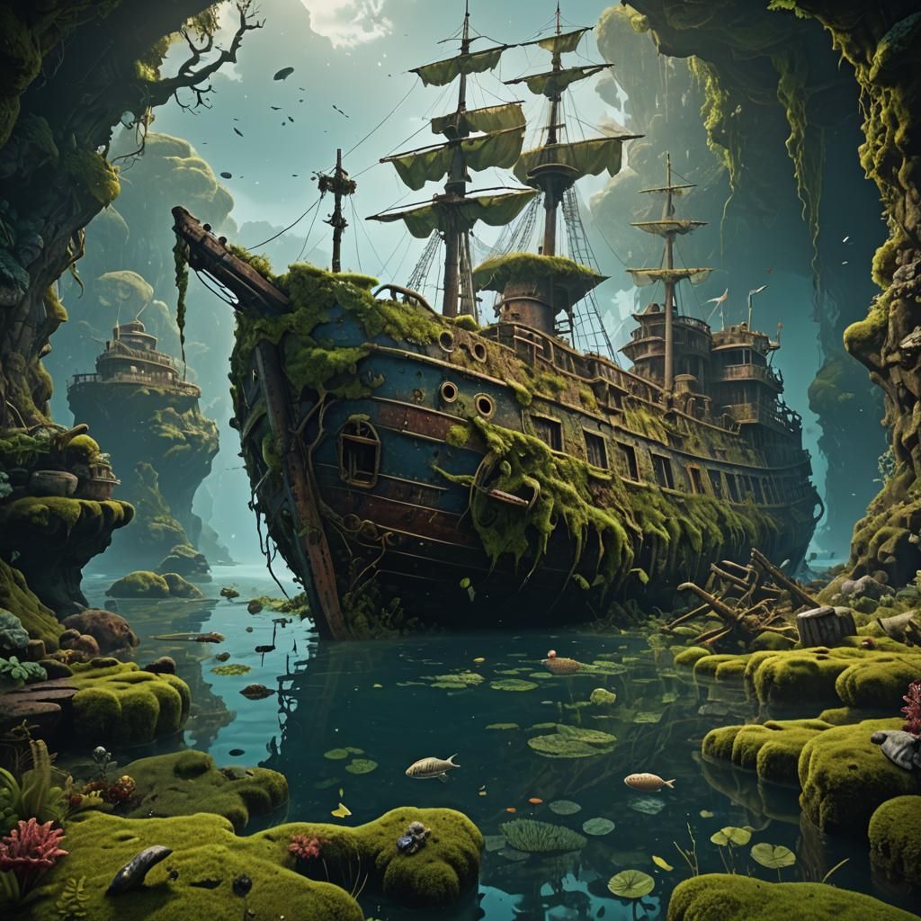 Sunken Ship Remains in Detailed Matte Painting