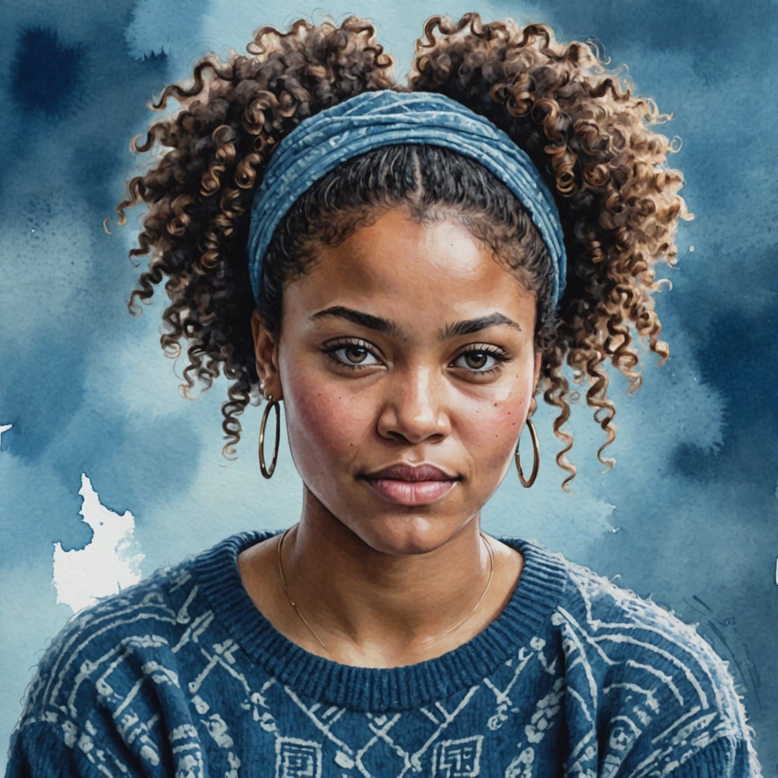 Captivating Afro-Samoan Woman in Watercolor Portrait