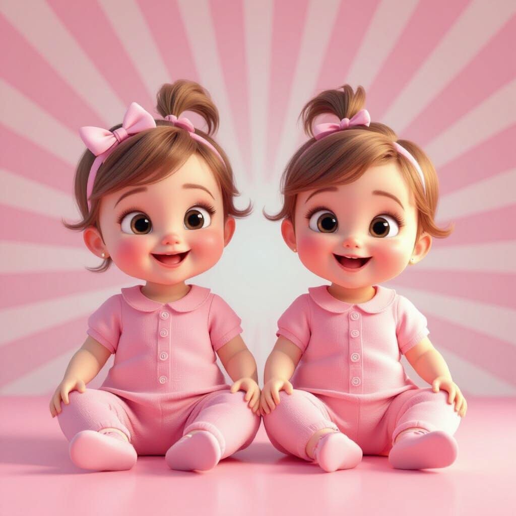 Adorable Baby Twins in Pink Outfits Pixar Style