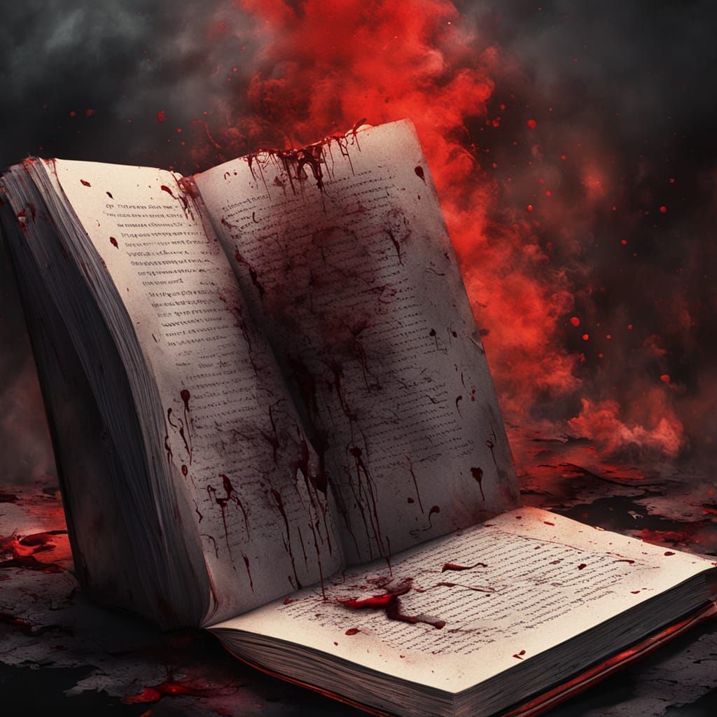 Dark Fantasy Horror Book with Blood Splatters and Embers