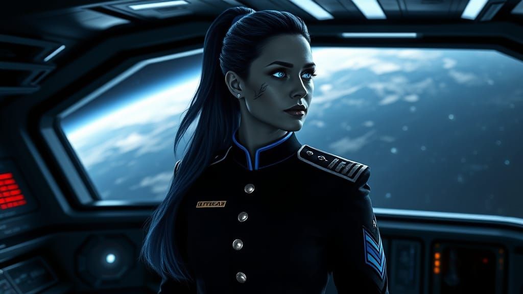 Sci-Fi General on Starship Bridge in Oil Painting Style